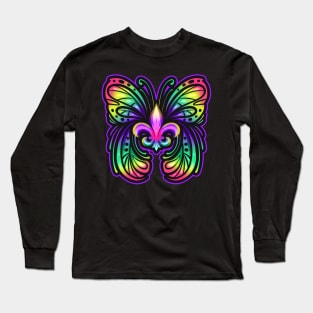 Rainbow Colourd Fleur De Lis Butterfly For Mardi Gras Long Sleeve T-Shirt
